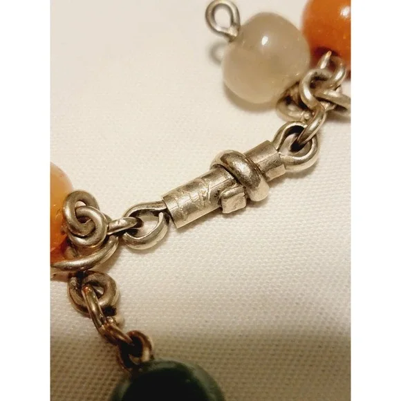 Vintage Sterling Silver Modernist Brutalist Beaded Stone Abstract Necklace 24in